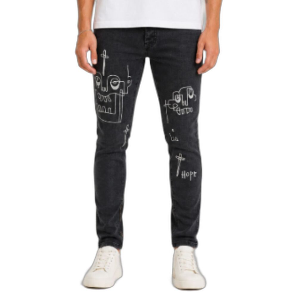 MNML X Terry Urban Mens 31 Black Graffiti Ankle Zipper Button Fly Skinny Jeans